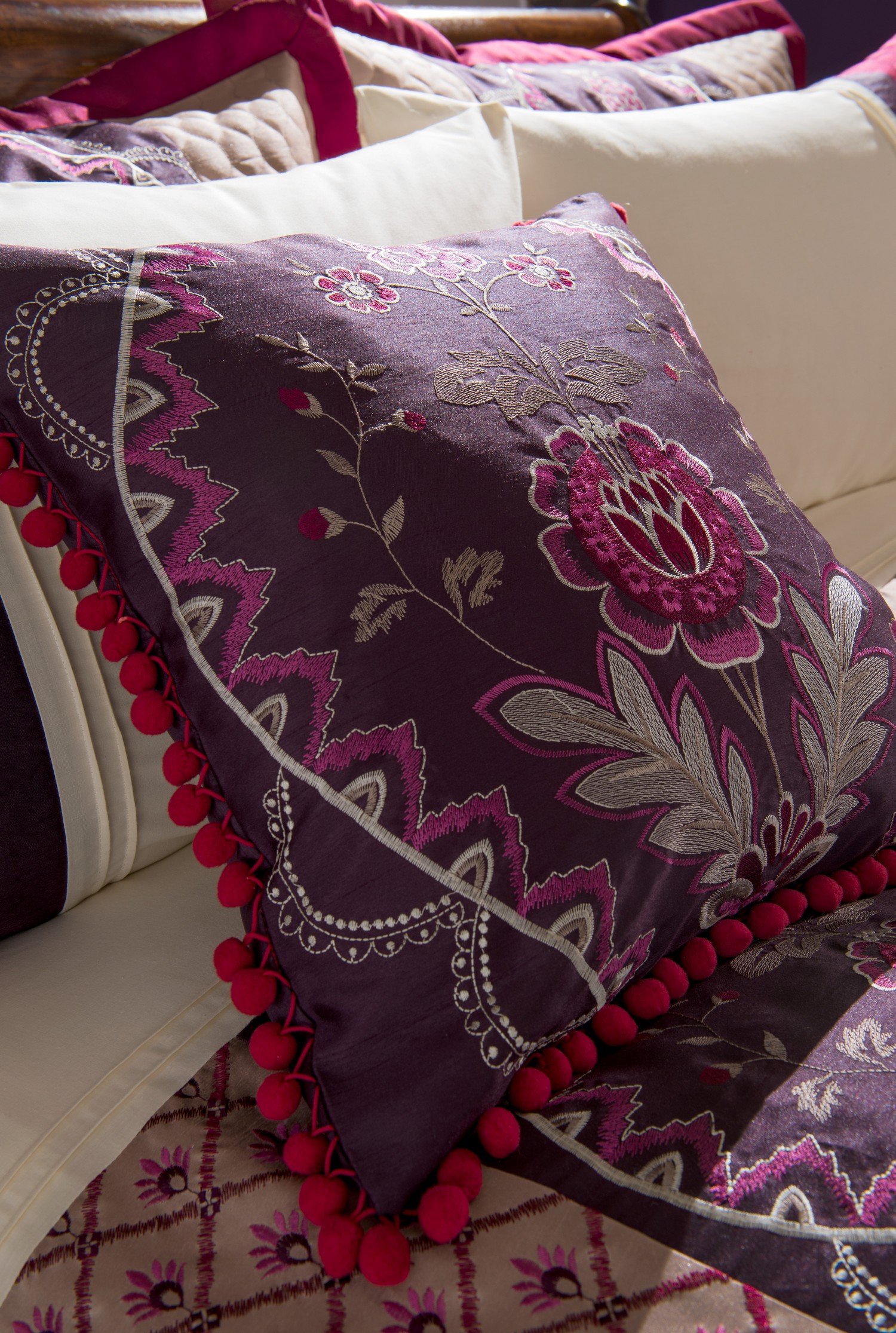Purple Plum Pink Cream Beige Embroidered Duvet Covers, Curtains, Cushion Covers - Picture 7 of 13
