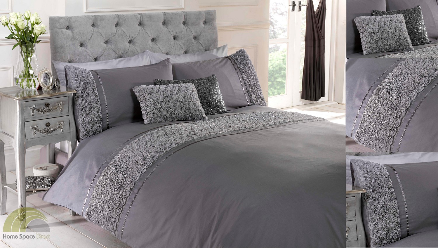 Greysilver Raised Rose Duvet Quilt Cover Bed Set Bedding 4 Sizes Or Cushion Ebay 