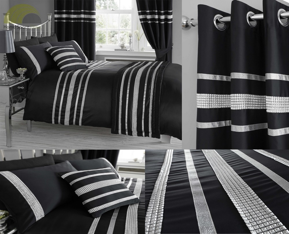 Super King Size Black Duvet Cover Satin Diamante Quilt Bedding Bed Set